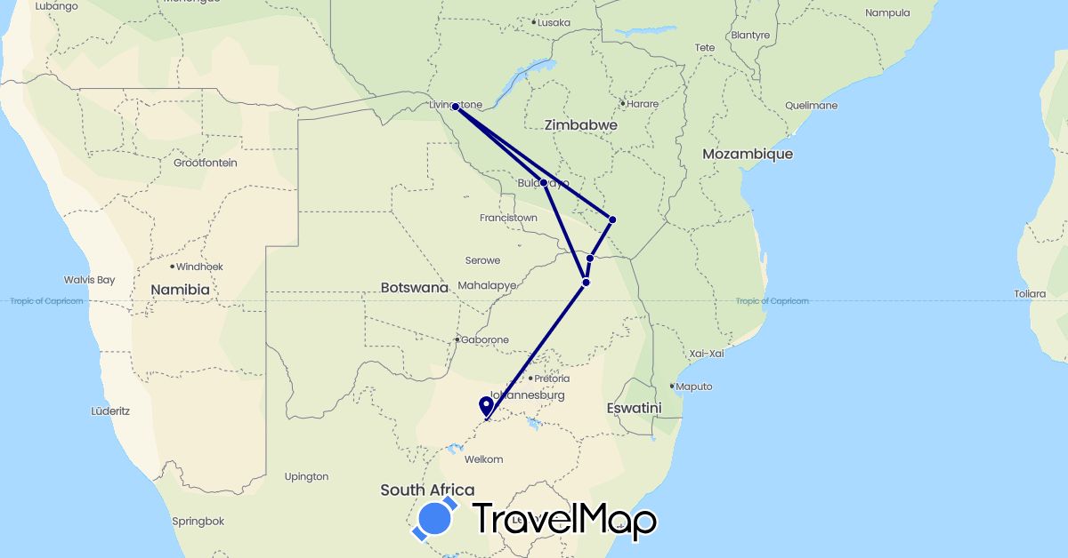 TravelMap itinerary: driving in South Africa, Zambia, Zimbabwe (Africa)